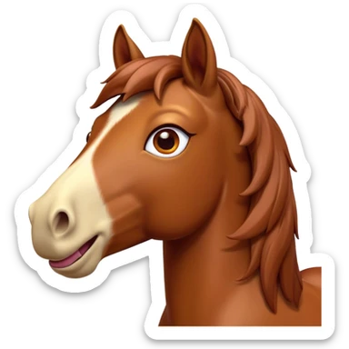 Cinematic Comical Chestnut Horse Portrait Emoji, Head tilted dramatically with an exaggeratedly amused expression, featuring a striking chestnut fur with a glossy finish and wide, expressive amber eyes filled with playful disbelief, Simplified yet hilariously expressive features, highly detailed, glowing with a slightly sassy glow, high shine, dramatic yet playful, stylized with an air of cheeky mischief, bright and endearing, soft glowing outline, capturing the essence of a spirited and over-the-top horse, so meme-worthy it feels like it could side-eye its way into internet fame instantly! sticker