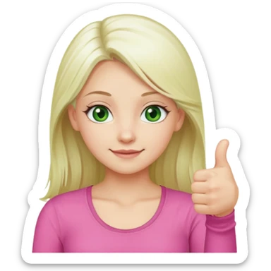 Long platinum blonde hair girl with green eyes in  pink top showing a thumbs up  sticker