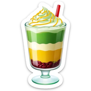 vietnamese sweet soup chè ba màu, colorful dessert in a glass, layers of green, yellow, and red beans, topped with crushed ice sticker