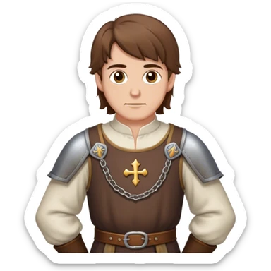 medieval outfit worn by a DnD themed fantasy character. basic low level clothes. clothes only above the waist. The clothes full waist. The character's haven't arms. character is brown hair brown eyes messy hair white man. sticker