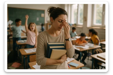 photograph of exhausted teacher in a bustling classroom sticker