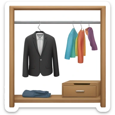 Design an emoji-style icon of an open wardrobe with clothes hanging inside. Include details like a wooden frame, hangers, and only black or white different clothing items such as shirts or any other clothing . Use a clean and minimalistic design. sticker