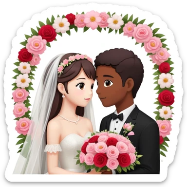 Beautiful romantic pastel lush anime Bride and groom couple getting married looking into each other’s eyes flowers  with warm colors pink, white black and red sticker
