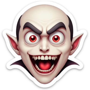 Cinematic Comical Vampire Portrait Emoji, with a sharply stylized, slightly caricatured pale face accented with exaggerated fangs and overly dramatic wide eyes filled with comic shock, head tilted in a hilariously startled pose, simplified yet amusingly detailed, glowing with a soft mysterious glow and a playful outline capturing the quirky humor of a vampire in disbelief! sticker