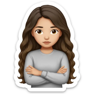 Hispanic light tan girl with long dark wavy hair slightly pouting and arms crossed. Wearing a long sleeve. Hair with middle part. sticker