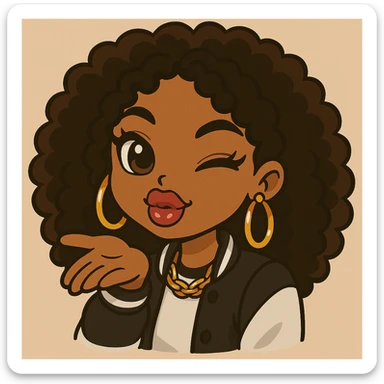 Edit the image to depict a 20-year-old anime Bratz style woman with dark skin, curly hair, big expressive eyes, glossy lips, and a happy expression. She is winking and blowing a kiss. The image should be a headshot only, with trendy streetwear, no hat, and no tears. Maintain the anime Bratz style with vibrant and cute chibi sticker aesthetics. sticker
