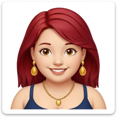 Chubby girl, shoulder length dark red hair, brown eyes, dimples, gold earrings, and necklaces sticker