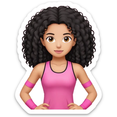 Girl with black frizzy long hair, in pink gym out fit, with tan light skin sticker
