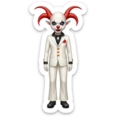 full-body demonic clown in a white leisure suit with bellbottom pants, bald, with black ram horns, wearing elevator shoes sticker