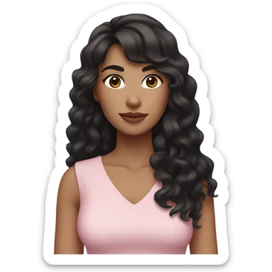 White woman with long black curly hair and bangs and dark brown eyes, wearing a pastel pink dress sticker