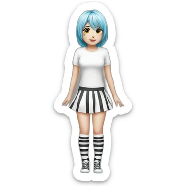 Hyperrealistic Frontal view curvy emo girl sits white skirt striped stockings hands up sticker