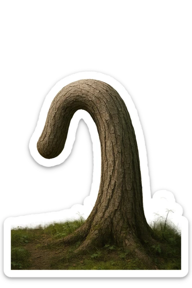 Realistic, vertical 4K illustration: a hyperrealistic tree trunk in a forest setting, noticeably bent, drooping, or wilted instead of standing upright. The bark is textured and detailed, with subtle cracks and faded colors suggesting loss of vitality. Soft, natural light filters through the surrounding trees, casting gentle shadows. The scene is quiet and contemplative, with the trunk’s unusual, slumped posture symbolizing a decline in male libido. The background is lush and detailed, but the focus remains on the central, softened trunk, evoking a sense of vulnerability and introspection. sticker