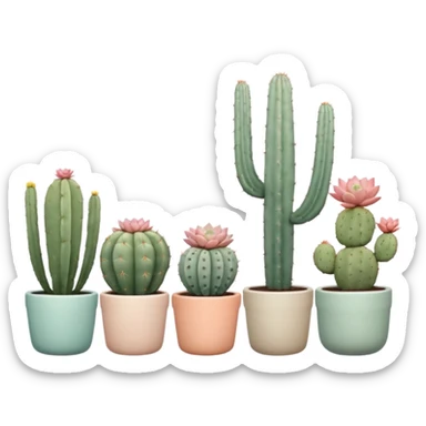 Ceramic pots in pastel colors, tall and short, round and square, containing desert cactus plants, hanging cacti, flowering cacti, echeveria succulents, and sedum succulents, placed in a row on the floor, white background sticker