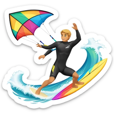 A kite surfer gliding across the ocean, with a colorful kite soaring high in the sky and the surfer carving through the waves. The scene captures the energy and freedom of the sport, with the sun shining and the ocean's waves splashing around. sticker