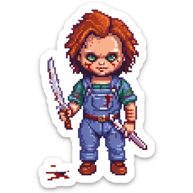 Chucky doll holding a bloody knife, horror style sticker