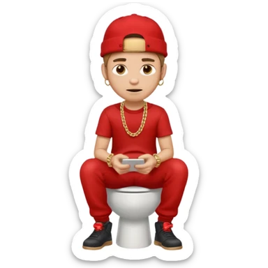 Full-body cartoon emoji of a young man with red sideways cap, short fade, gold chain, nose ring, sitting on a toilet holding his phone, pants down, relaxed expression” sticker