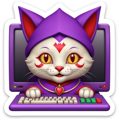 crazy colorful cute little cat jolly joker from poker, medieval, vintage, court jester, mac os icon, purple and red color, half body. The cat is represented as Code inside a retro computer terminal sticker