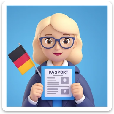 Add a background with the German flag. The universal character holds a passport or permanent residence document in hands. Maintain the 3D style. The character is neutral, friendly, and official. sticker