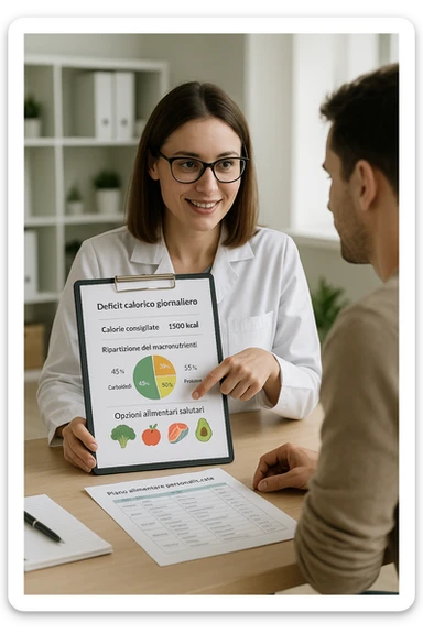 a nutritionist sits at a desk with a client, showing a personalized meal plan and a chart that clearly displays the client’s specific daily caloric deficit. The nutritionist points to the chart, which includes recommended calories, macronutrient breakdown, and healthy food options. The mood is professional, supportive, and educational. scritte in italiano sticker
