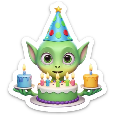 A cute friendly alien holding a birthday cake with candles, big expressive eyes, bright colors, cartoon style, playful atmosphere, 3D animated look, Pixar-inspired, highly detailed
 sticker