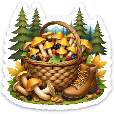 Icon for Mushroom and Berry Tourism: a basket filled with mushrooms chanterelles, boletus and aspen and berries, surrounded by forest elements like trees, leaves and a hiking boots. The icon should capture the joy of foraging in nature. Transparent background. sticker