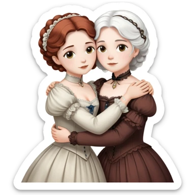 Two Victorian era women hugging each other closely, one with white hair and one with dark copper colored hair, both wearing Victorian period dresses sticker
