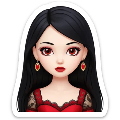 black hair, pretty, BLACK long black hair, pale skin, eyeliner, red lace clothes, bratz baddie sticker
