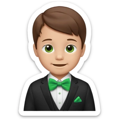 baby boy, brown hair in suit, with green bow, smile sticker
