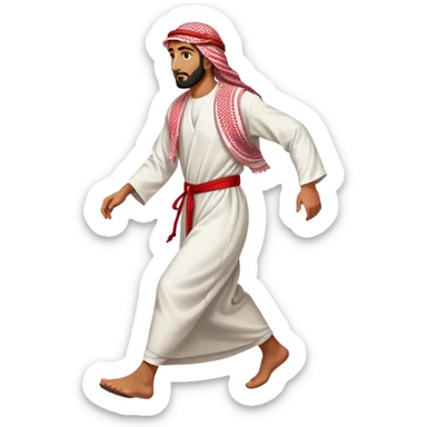 Arab man walking, traditional thobe and keffiyeh, mid-stride sticker