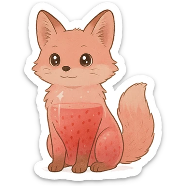 soft fluffy fox with a transparent body showing a strawberry smoothie inside, sparkling eyes, pastel pink, full-body sticker