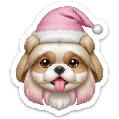 one white all over little shih tzu dog with tongue hanging out sitting with light pink christmas hat sticker