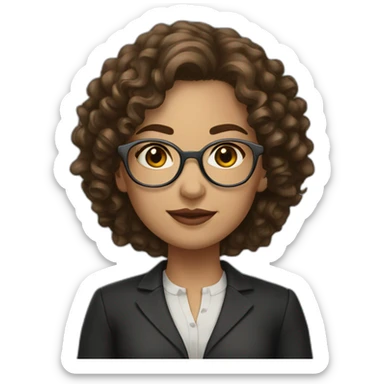 Light-skinned lawyer woman, round metal-framed glasses, shoulder-length brown curly hair sticker