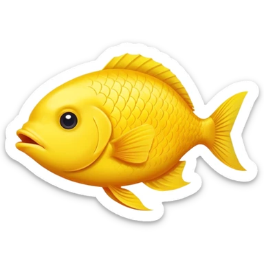 bright yellow fish in strict side view profile, facing exactly to the right, only one side visible, single eye, perfectly flat 2D representation, dopey stupid expression sticker