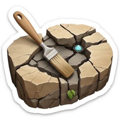3D render of Archeology Brush, embedded in a chunk of rough sedimentary rock, cracked stone texture, ancient fossil aesthetic,pale wooden handle with dusty beige bristles, matte dry finish, Apple emoji style, isolated on white background --v 6.0. sticker