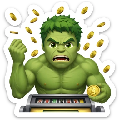 disheveled hulk losing money at a slot machine, panicked face, coins flying sticker