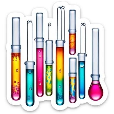 Create an icon that represents decorative arts using epoxy resin in tubes. The design should feature colorful tubes of resin, including fluorescent resin tubes, with visible drops or strokes of resin being applied to create intricate designs. Include examples of finished resin jewelry or decorative pieces, such as pendants, rings, or abstract art. The composition should feel vibrant and artistic, highlighting the creative and glowing nature of resin crafting. The background should be transparent. sticker