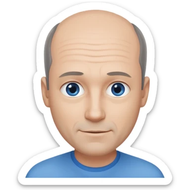 Middle aged man with black-greyish receding hairline, some hair on top, small blue eyes, clear face, shy smile sticker