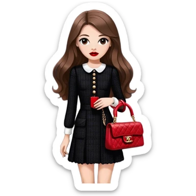 White girl with brown long hair dressed up in black chanel tweed dress with a red chanel bag and red lipstick. Close up shot with wind blowing her hair looking fancy sticker