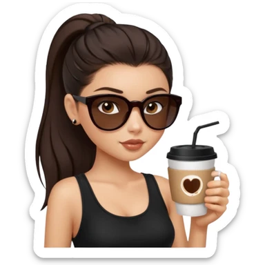generate a pretty fair bratz girl with dark brown eyes, dark brown eyes tied into a slick back ponytail, thin brown sunglasses. Wearing a black cami top and drinking coffee sticker