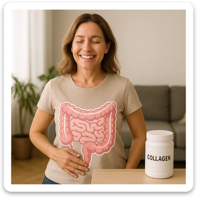 realistic image of a happy woman with a healthy intestine due to collagen use, hand on abdomen, smiling, anatomical details, everyday environment, collagen supplement on the table sticker