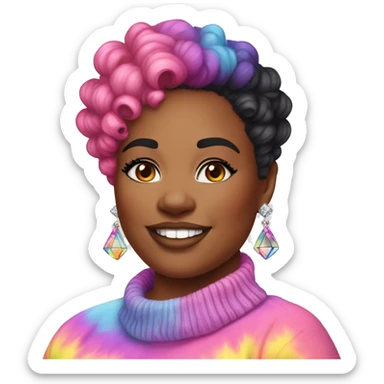 Plus size black woman with pink curly pixie cut hair and a rainbow tie dye sweater , and diamond stud earrings  sticker