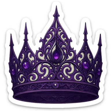 Change the gothic black crown to have intricate filigree in purple metal, purple diamonds, and a dramatic silhouette. Keep the background transparent. The style should maintain the gothic and elegant look of the original image. sticker