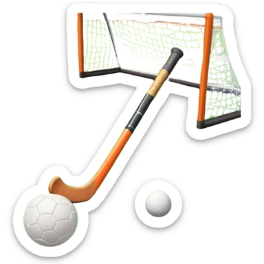 A field hockey stick and ball positioned on a vibrant green grass field, with the goalposts and clear field markings in the background. The scene highlights the lush, well-maintained turf, emphasizing the speed and precision of the sport in an energizing outdoor setting. sticker