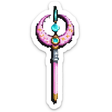 Sailor Moon's Crescent Moon Stick, a pink wand with a gold crescent moon on top and a circular silver gem in the center sticker