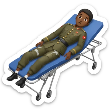 
a man of oriental appearance, dressed in torn clothes, full length, unconscious, in a prone position, with injuries on a black military stretcher, 1980 sticker