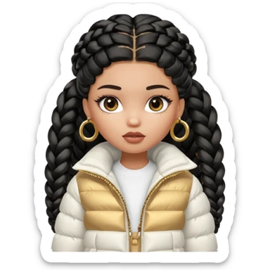 generate a pretty bratz girl with a WHITE puffer jacket, hoops, long braided hair black sticker