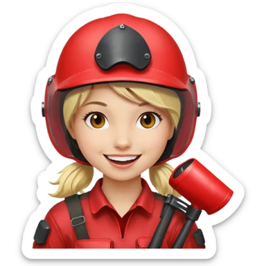 blond girl playing paintball with red paintball helmet, only face sticker