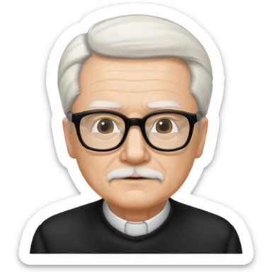 An elderly man with neatly combed white hair swept back and wears black rectangular glasses sticker