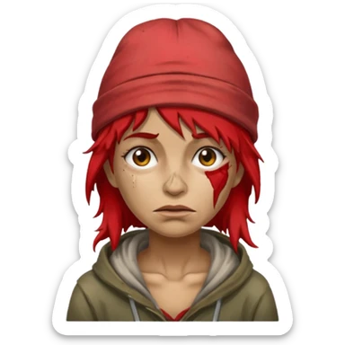 very dirty looking homeless woman with ripped red hat with ugly hair sticker