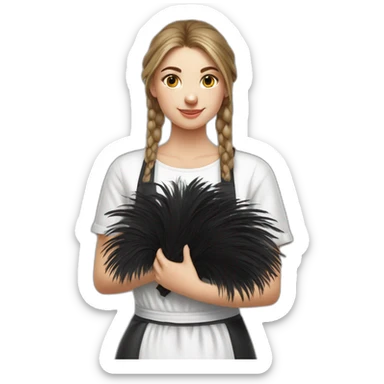 Slavic girl in a white T-shirt and a black apron holds ostrich feathers for dusting sticker